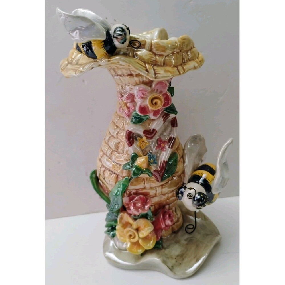 Vintage A.F.D. 2003 Majolica Ceramic Bees Flowers Vase Beehive Lusterware